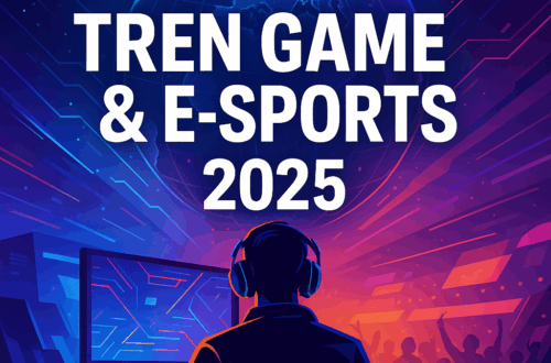 Gamer e-sports 2025 di arena futuristik dengan latar globe digital dan penonton sorak-sorai