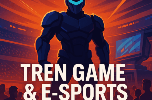 Gambar tren game dan e-sports tahun 2025 dengan cahaya neon dan suasana stadion penuh penonton