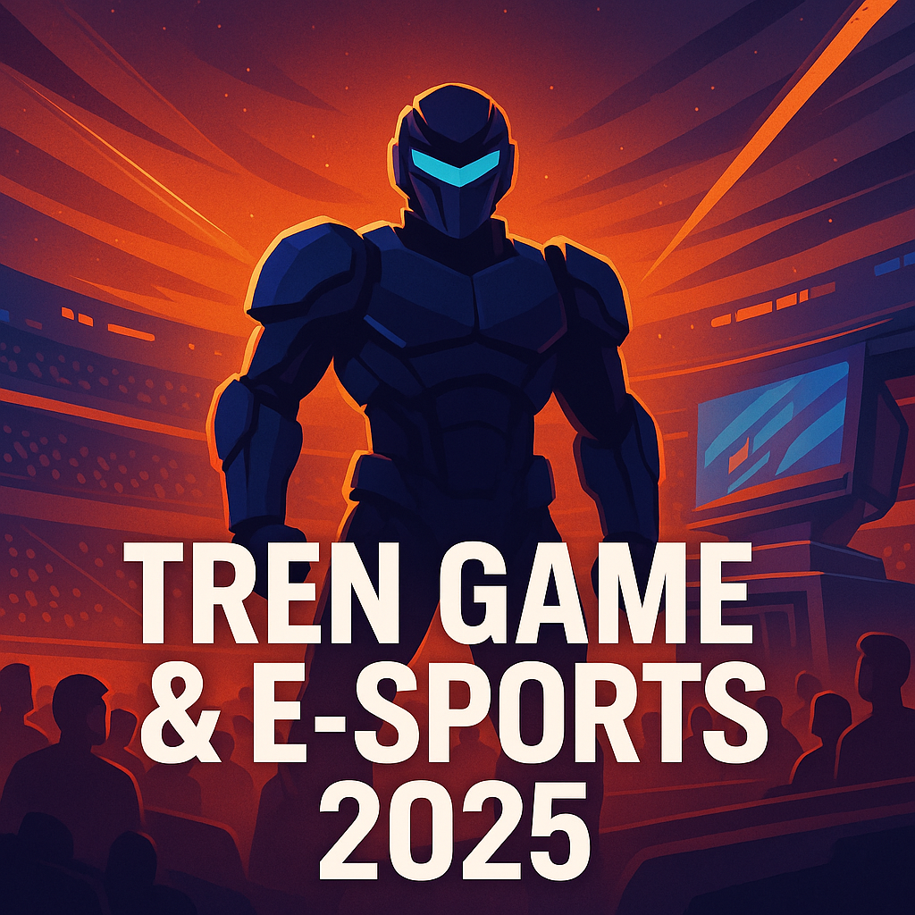 Gambar tren game dan e-sports tahun 2025 dengan cahaya neon dan suasana stadion penuh penonton