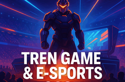Ilustrasi futuristik e-sports 2025 dengan karakter armored di arena neon dan teks Tren Game & E-Sports 2025