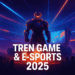 Ilustrasi futuristik e-sports 2025 dengan karakter armored di arena neon dan teks Tren Game & E-Sports 2025