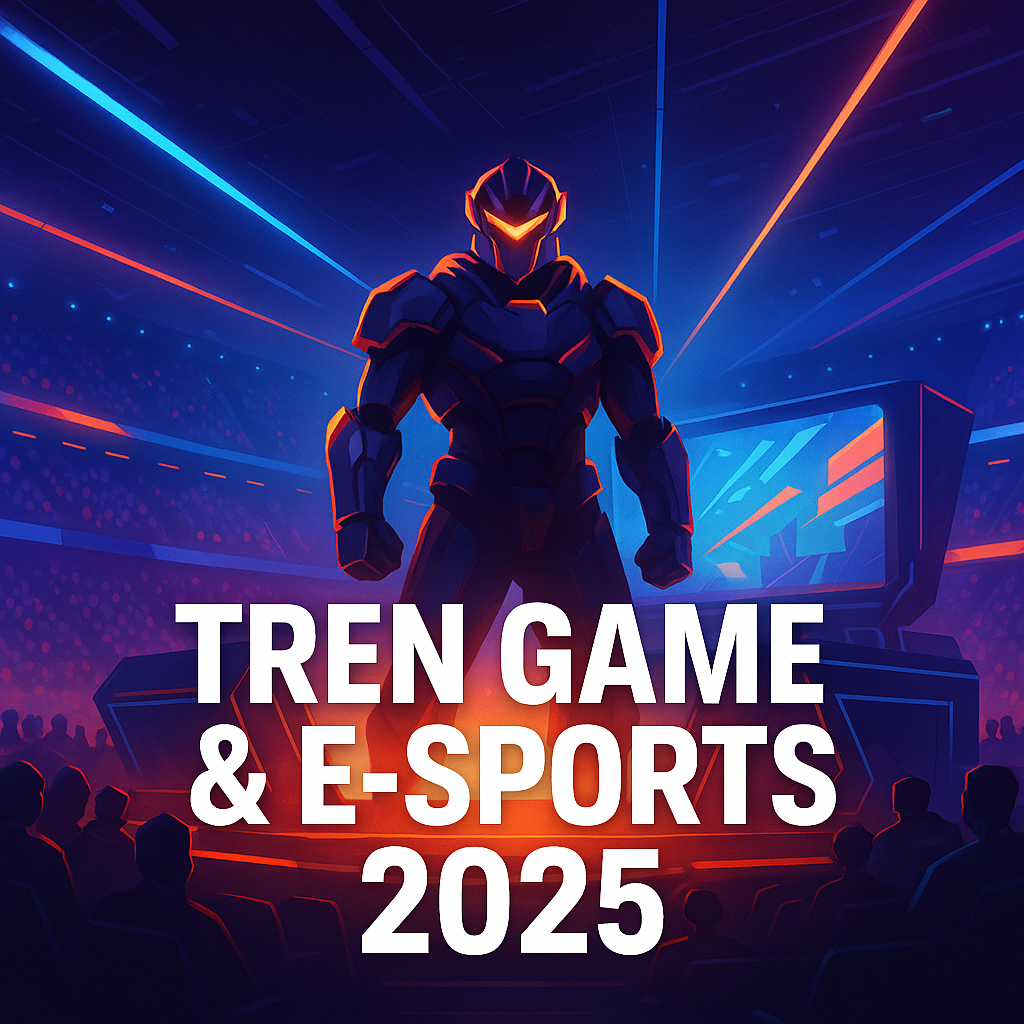 Ilustrasi futuristik e-sports 2025 dengan karakter armored di arena neon dan teks Tren Game & E-Sports 2025
