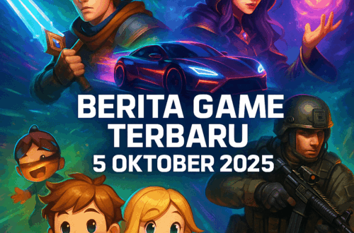 Poster kolase game mingguan: action-adventure, racing neon, FPS, RPG sihir, chibi mobile; warna vivid dan pencahayaan sinematik.
