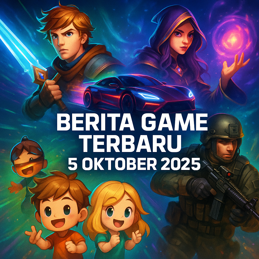 Poster kolase game mingguan: action-adventure, racing neon, FPS, RPG sihir, chibi mobile; warna vivid dan pencahayaan sinematik.