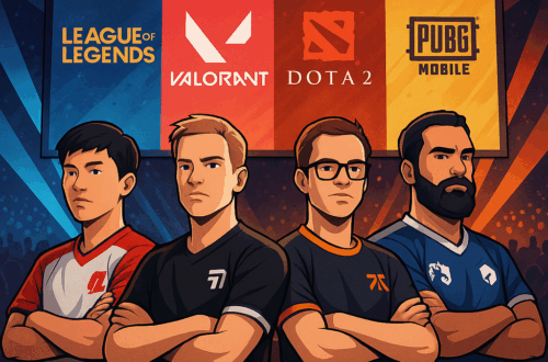 Ilustrasi empat pemain esport profesional berdiri di depan layar besar yang menampilkan logo League of Legends, Valorant, Dota 2, dan PUBG Mobile pada suasana arena turnamen.