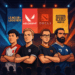 Ilustrasi empat pemain esport profesional berdiri di depan layar besar yang menampilkan logo League of Legends, Valorant, Dota 2, dan PUBG Mobile pada suasana arena turnamen.