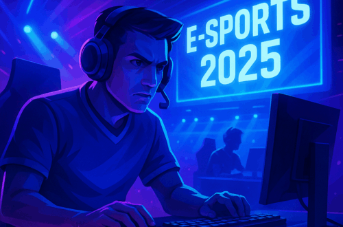 Atlet e-sports 2025 sedang fokus bermain di panggung turnamen dengan pencahayaan neon biru dan ungu futuristik.