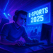 Atlet e-sports 2025 sedang fokus bermain di panggung turnamen dengan pencahayaan neon biru dan ungu futuristik.