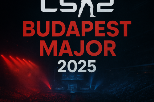 Poster dramatis CS2 Budapest Major 2025 dengan pencahayaan gelap merah biru dan arena penuh penonton.